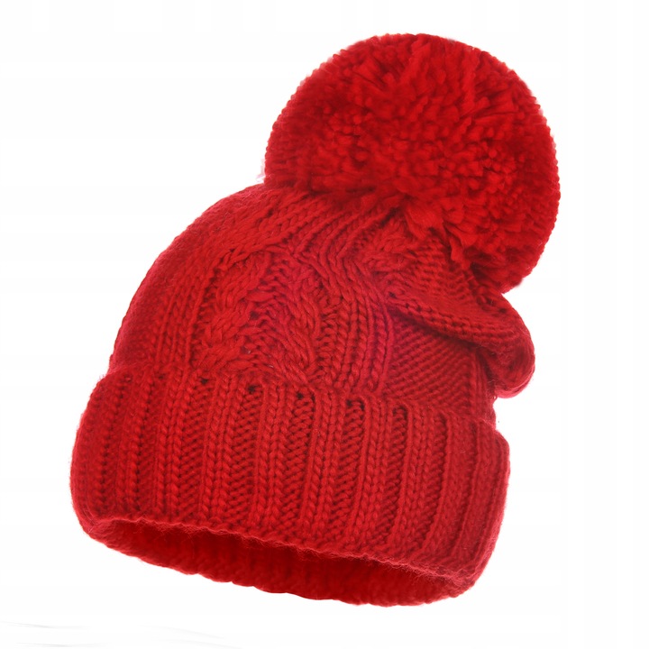 Női sapka, Majka, téli, piros, univerzális, pomponnal