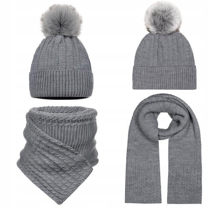 Caciula si fular dama, Majka, cu pompon, gri inchis, 2m, dimensiuni 21x22cm, 200x38cm