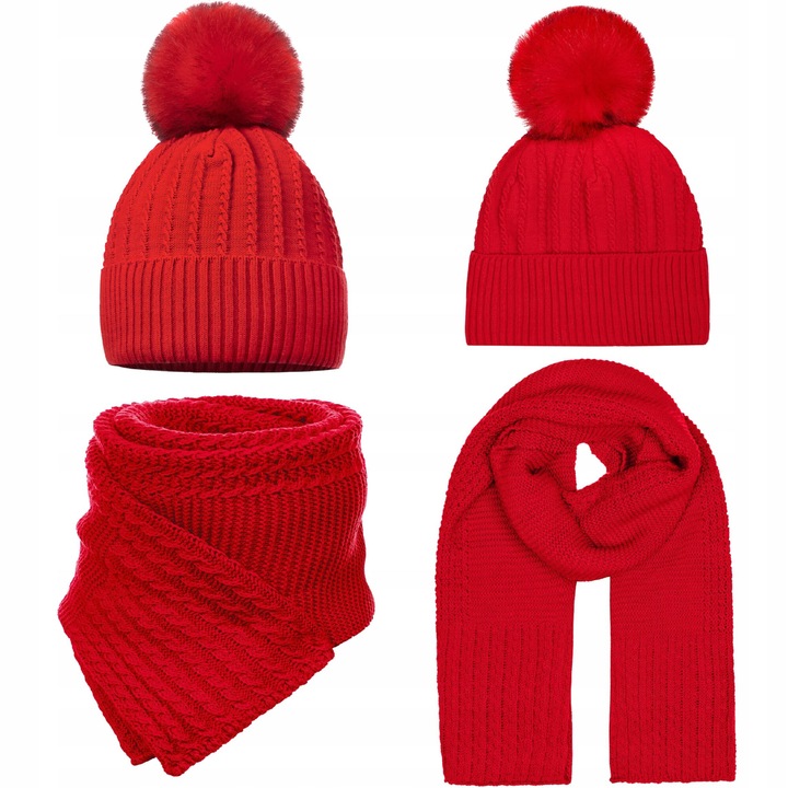 Caciula si fular dama, Majka, rosu, 2m, material acrilic, dimensiuni caciula 21x22cm, dimensiuni fular 200x38cm