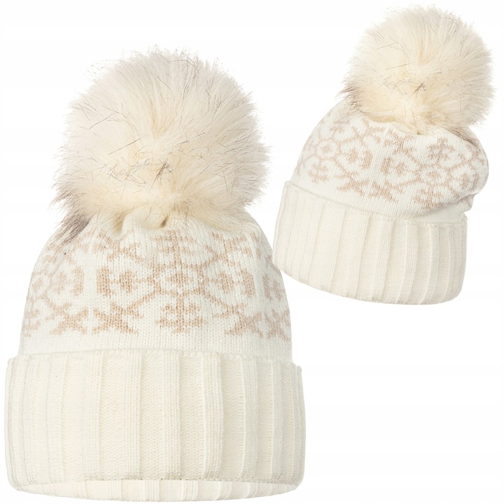 Caciula dama cu pompon, Majka, ecru si bej, dimensiuni 21x23cm, universala