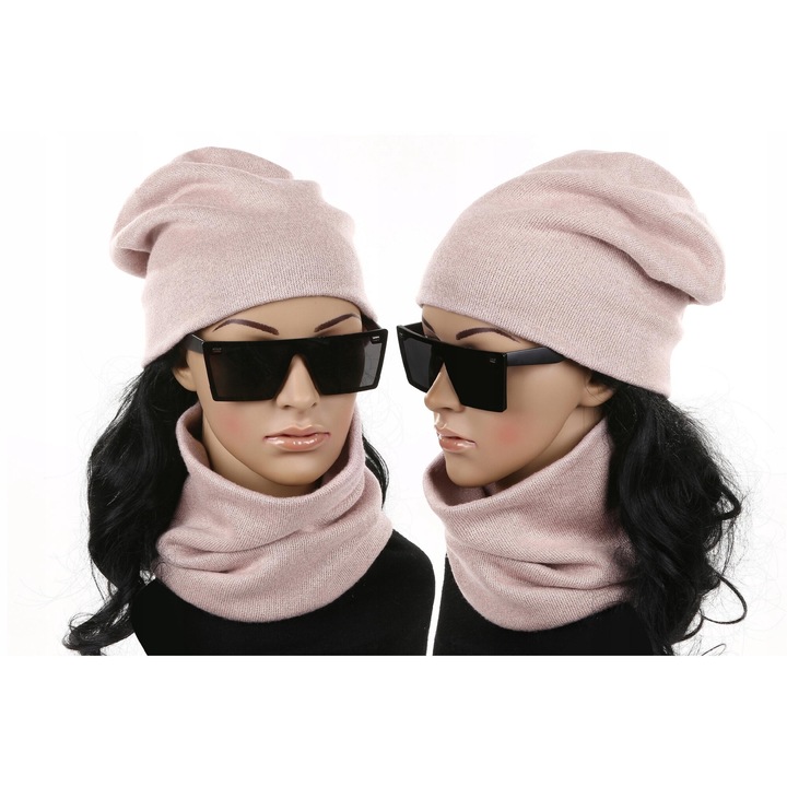 Caciula beanie si fular, Majka, roz pudrat, dimensiuni 22x25cm si 27x27cm, set