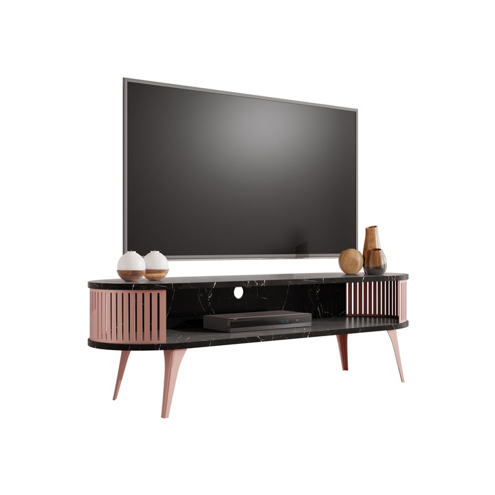 Comoda TV oval Mozimo, MIRJAN24, Cupru / Black Pietra Grigia, 40x140x44 cm