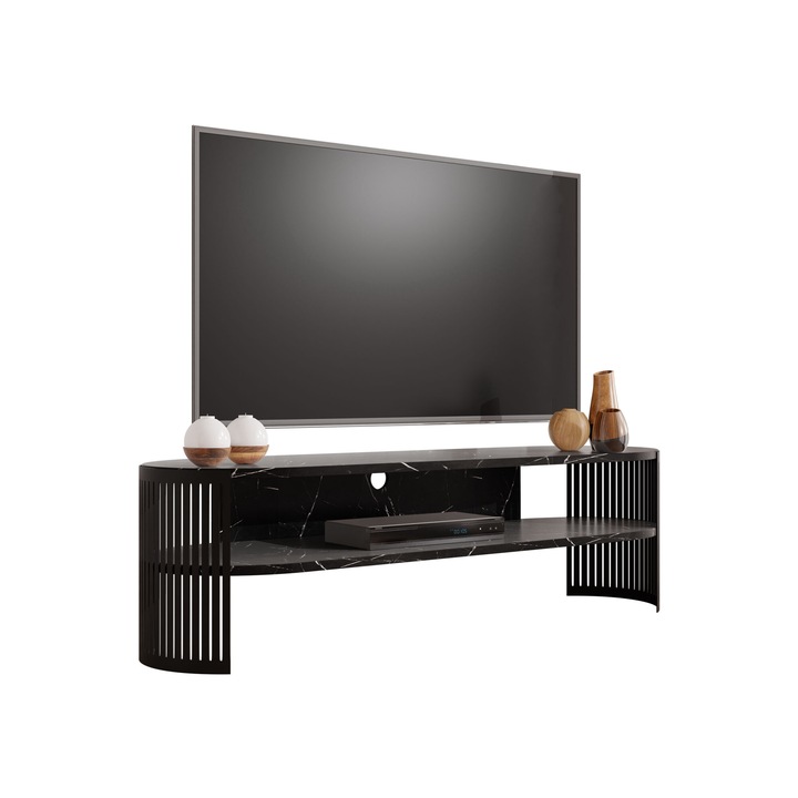 Comoda TV oval Zinzit, MIRJAN24, Negru / Black Pietra Grigia, 40x140x40 cm