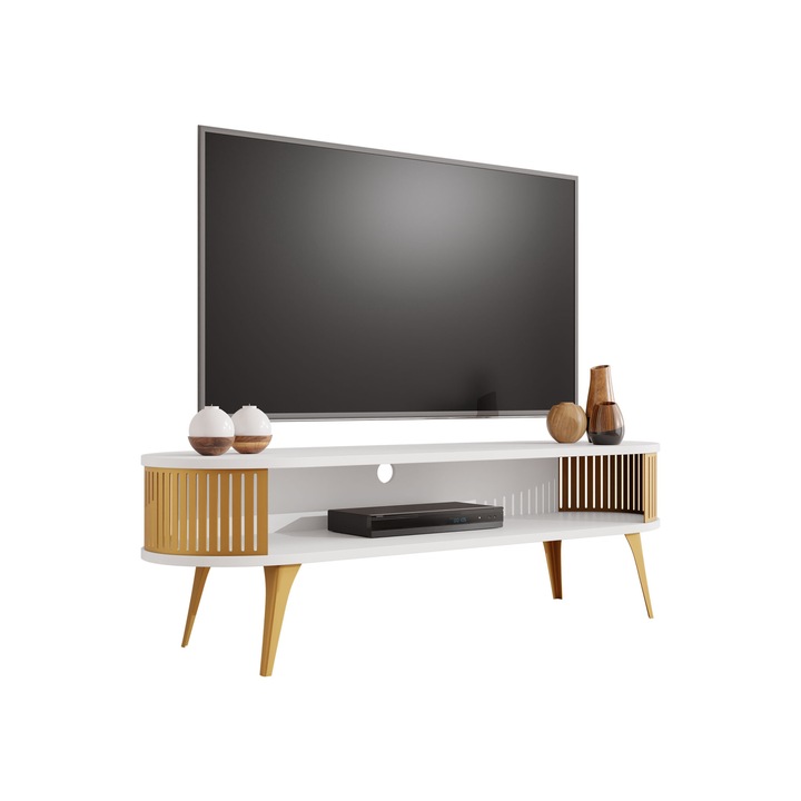 Comoda TV oval Mozimo, MIRJAN24, Gold / Alb Arctic, 40x140x44 cm