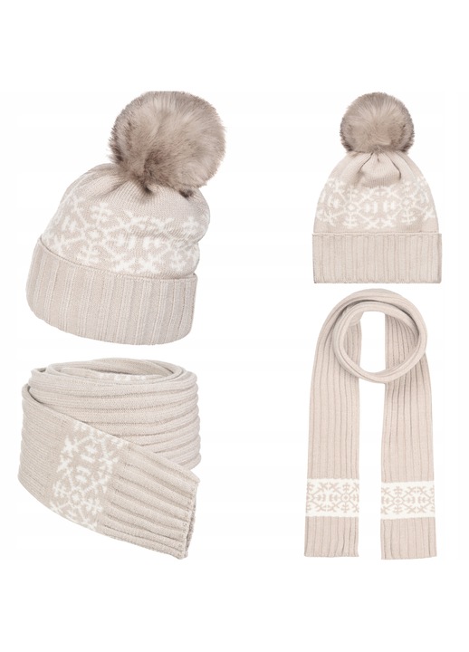 Set caciula si fular dama, Majka, ecru-bez, material moale, dimensiuni caciula 20x21cm, fular 168x20cm