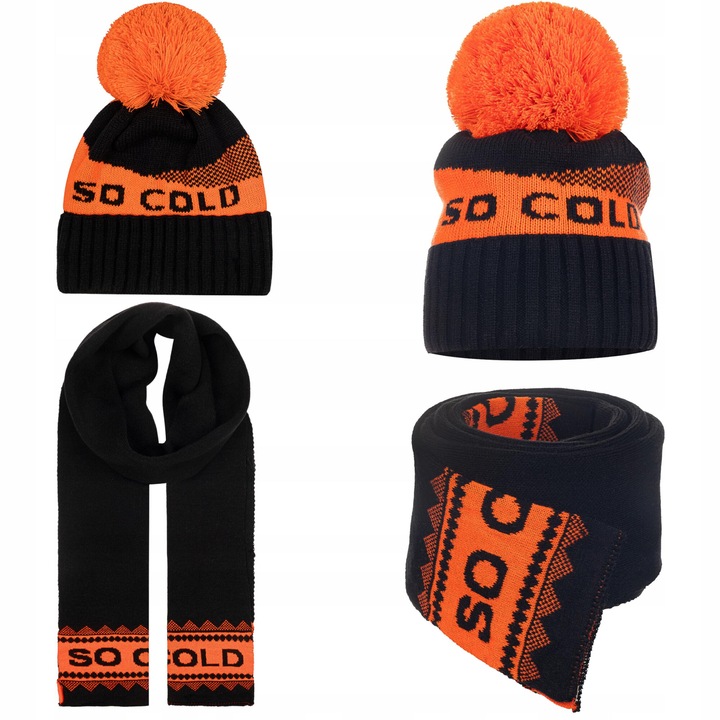 Set caciula si fular dama Majka, negru-portocaliu, dimensiuni caciula 2x19cmx22cm, fular 200cmx23cm