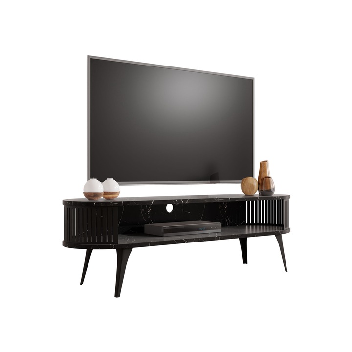 Comoda TV oval Mozimo, MIRJAN24, Negru / Black Pietra Grigia, 40x140x44 cm