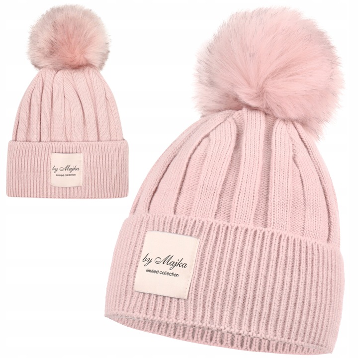 Дамска шапка с помпон Майка розова материя акрил универсален размер