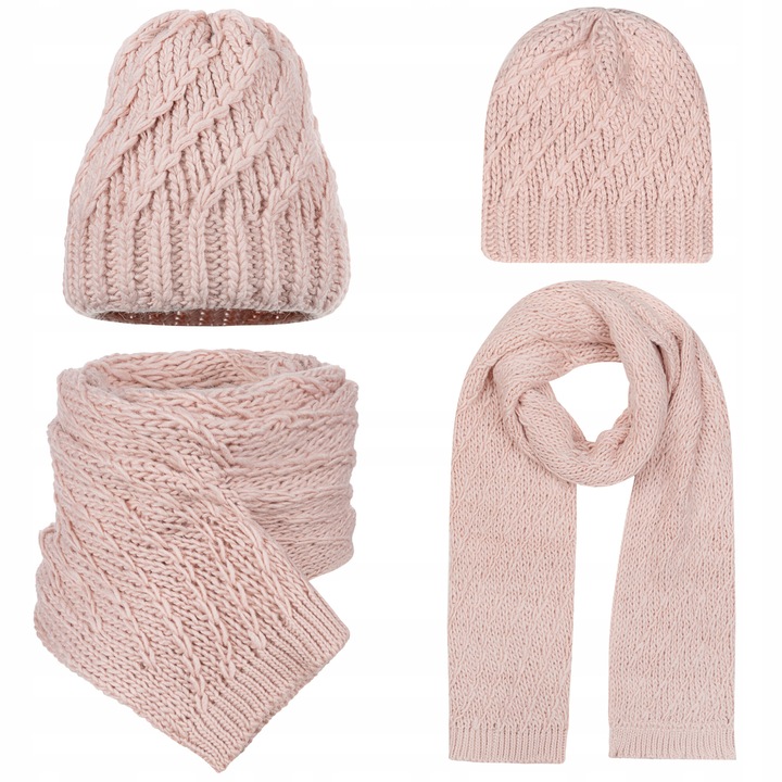 Caciula beanie si fular, Majka, 10% lana, roz pudrat, dimensiuni 200x36cm