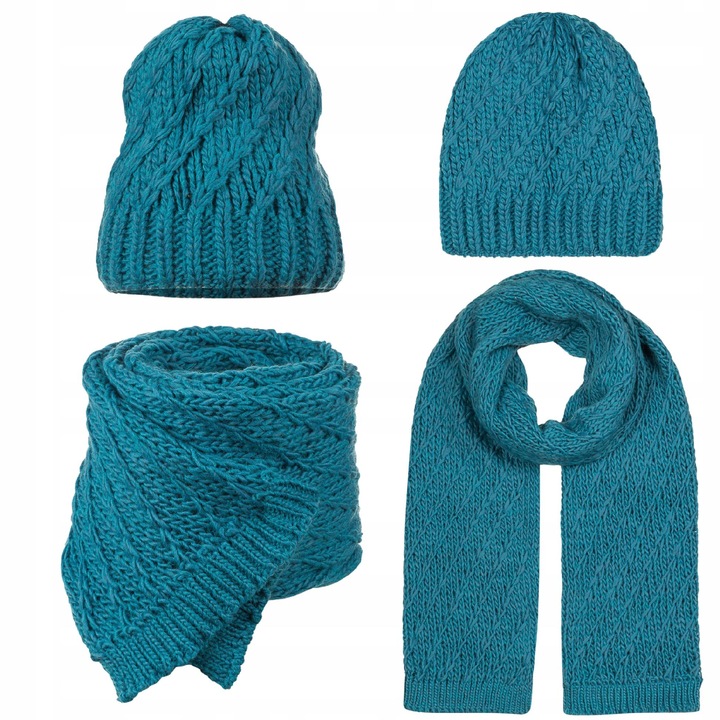 Set caciula beanie si fular, Majka, turcoaz, 10% lana, dimensiuni caciula 20x22cm, dimensiuni sal 200x36cm