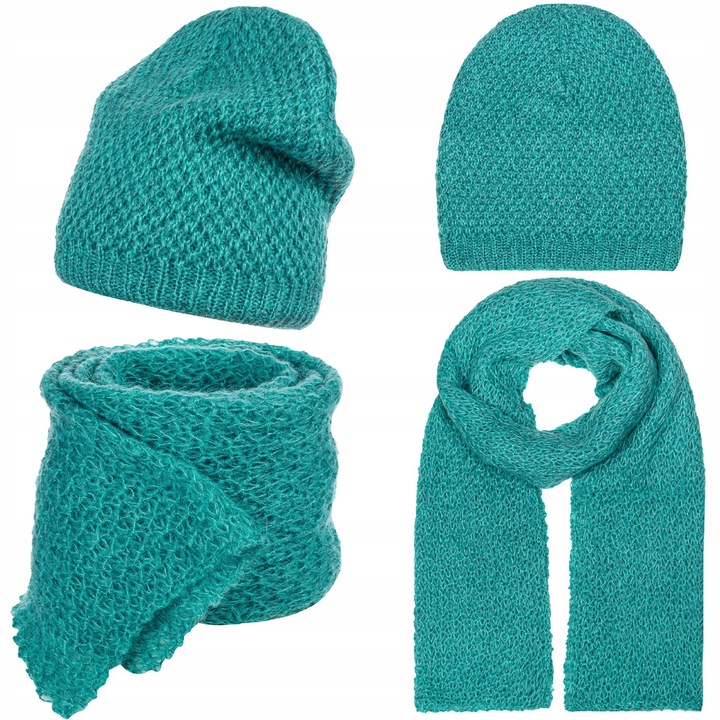 Шапка бини и шал, Майка, 30% мохер, морско зелено, размери на шала 180х35см, размери на шапката 22х24см