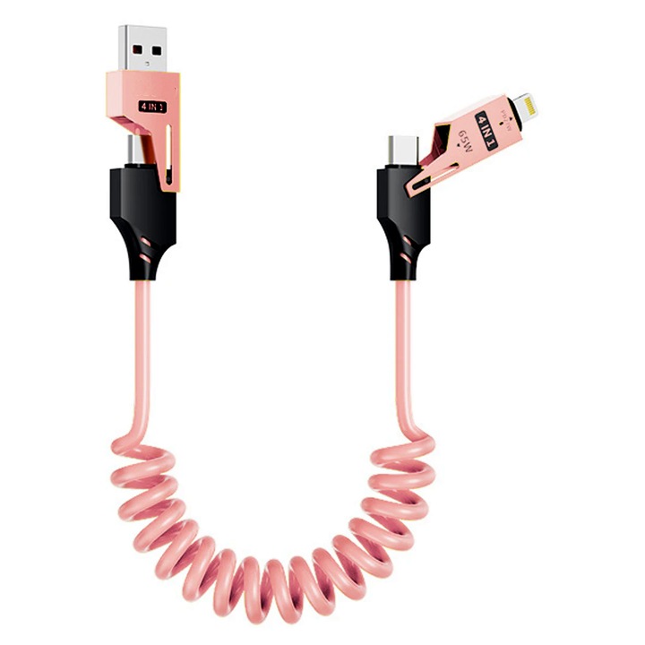 Cablu de date 4 in 1, Quick charge 65W/27W, Design compact, USB, Type-C, Lighting (iPhone), Mechanical style,1.5m, Compatible with iPhone, iPad/Samsung/Huawei, Roz