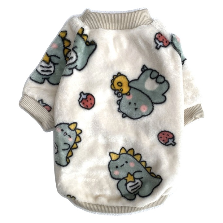Haina caine talie mica tip tricou, protectie termica, material pufos cocolino, model dinozaur, Crem, 34x21 cm