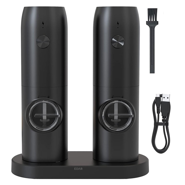 Електрически мелници EDAR, Зареждащи се, За сол, Черен пипер, Подправки, Регулируемо ниво на смилане, USB зареждане, Включена стойка, Черен, Комплект от 2