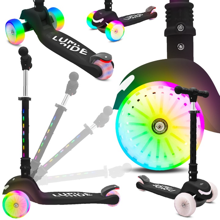 Детска тротинетка, Sun Baby, Lumi Ride, Триколка, Баланс, Сгъваема, Регулируема, Колела Rainbow, Led 7 цвята, 20 програми, Черна