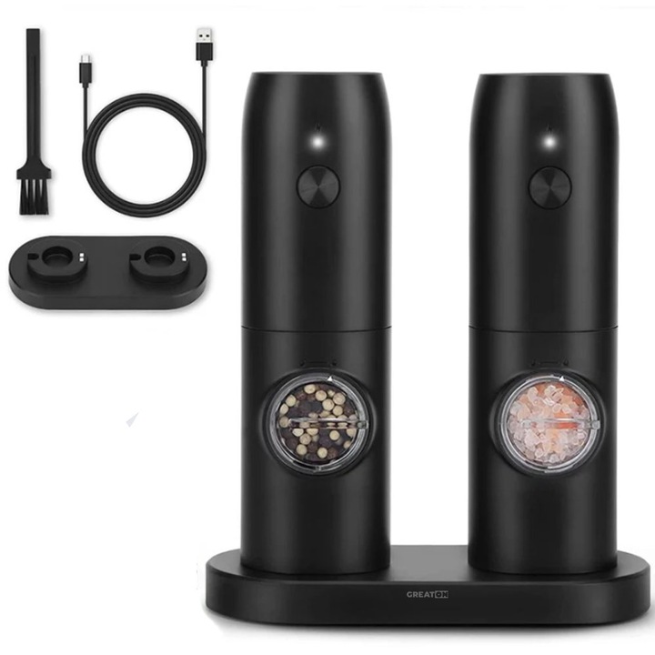 Комплект от 2 x електрическа мелница GREATON, включена стойка, USB зареждане, за подправки, сол, черен пипер, регулируема степен на смилане, капацитет 70 g, черен