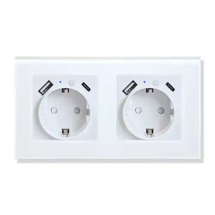 Priza dubla inteligenta de perete16A USB Type-C, Wi-Fi, Rama din sticla, Monitorizare consum, 16A, Smart Life / Tuya APP, Alb @SmartWiz