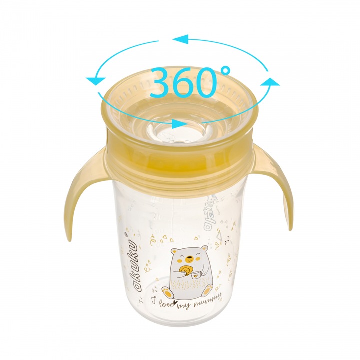 Cana anti-varsare 360 cu manere Akuku Yellow Bear 260ml, supapa de etansare pentru a preveni scurgerea lichidului, forma ergonomica, capac de protectie