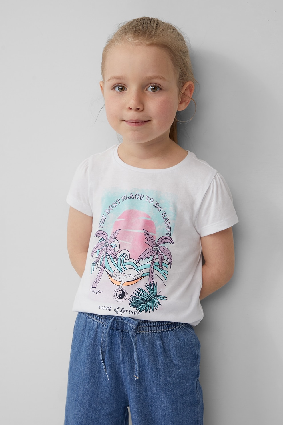 s.Oliver, Tricou cu imprimeu grafic, Roz pastel, Negru stins, Alb murdar, 128-134 CM