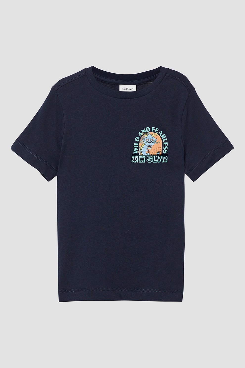 s.Oliver, Tricou din bumbac cu decolteu la baza gatului si imprimeu discret, Albastru ultramarin, 104-110 CM