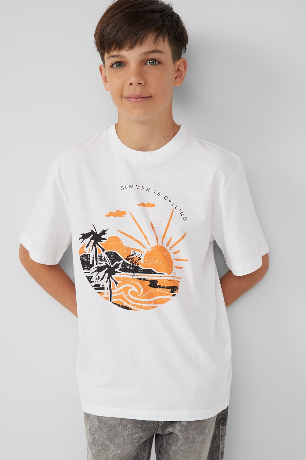 s.Oliver, Tricou cu imprimeu grafic si decolteu la baza gatului, Negru stins, Portocaliu pal, Alb optic, 158-164 CM