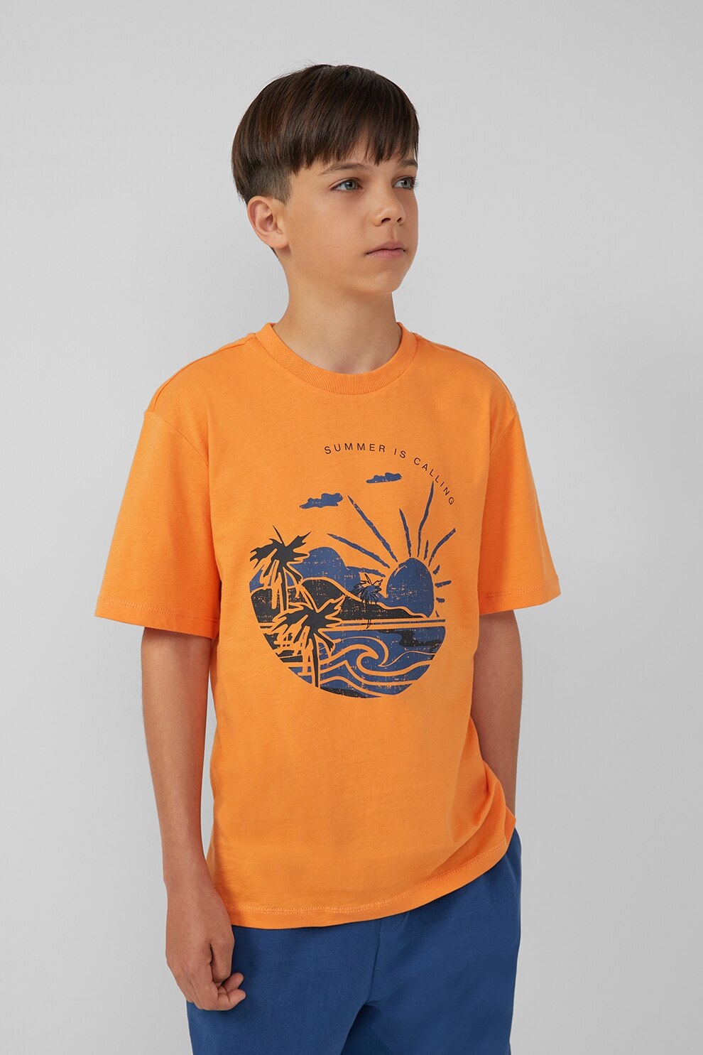 s.Oliver, Tricou cu imprimeu grafic si decolteu la baza gatului, Portocaliu, Albastru inchis, 158-164 CM