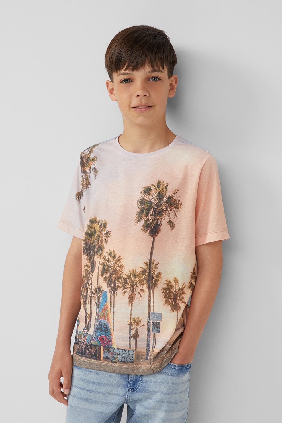 s.Oliver, Tricou regular fit cu imprimeu tropical, Galben pal, Albastru pal, Verde feriga, 170-176 CM