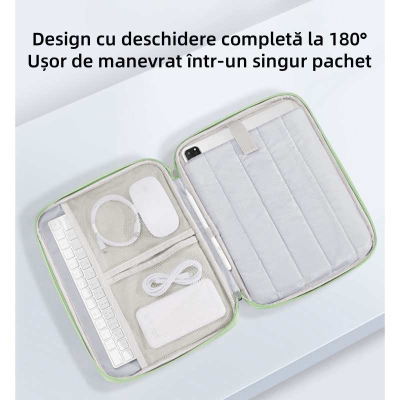 Carcasa de protectie pentru tableta, 13 inch, stocare multistrat, impermeabila si rezistenta la uzura, material nailon, mica si portabila, verde proaspat