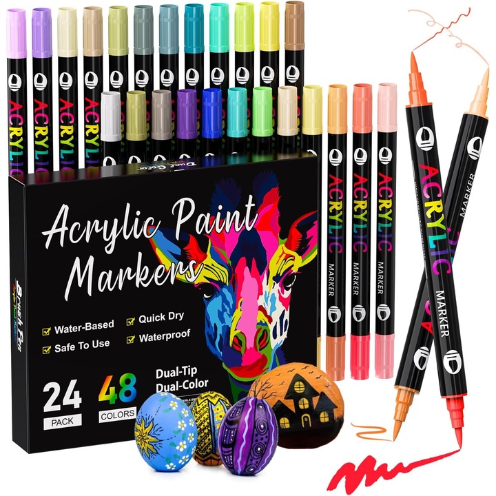 24 akril marker készlet kőre festéshez, 48 szín, kettős hegyű, többszínű