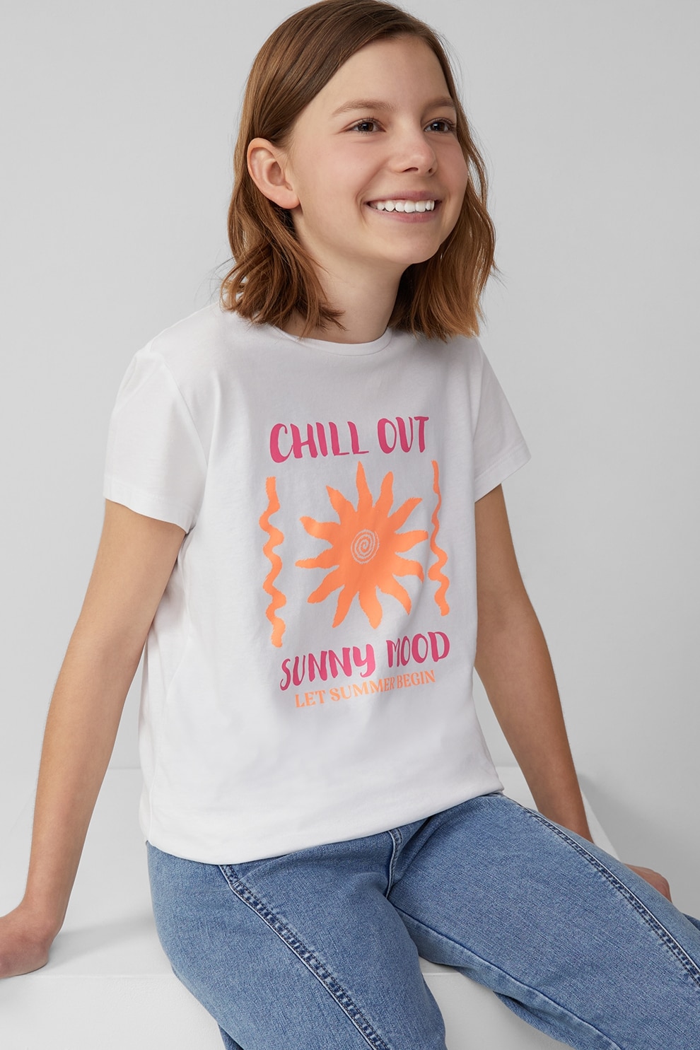 s.Oliver, Tricou regular fit cu design grafic, Portocaliu, Roz fandango, Alb optic, 158-164 CM