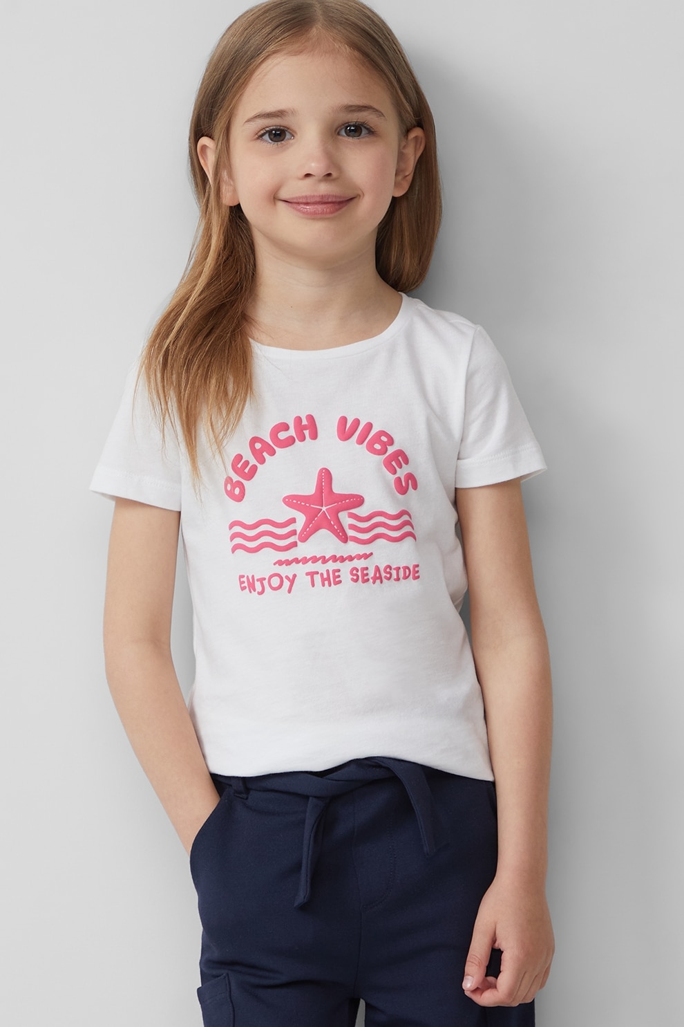 s.Oliver, Tricou din bumbac cu imprimeu si decolteu rotund, Roz pastel, Alb optic, 128-134 CM