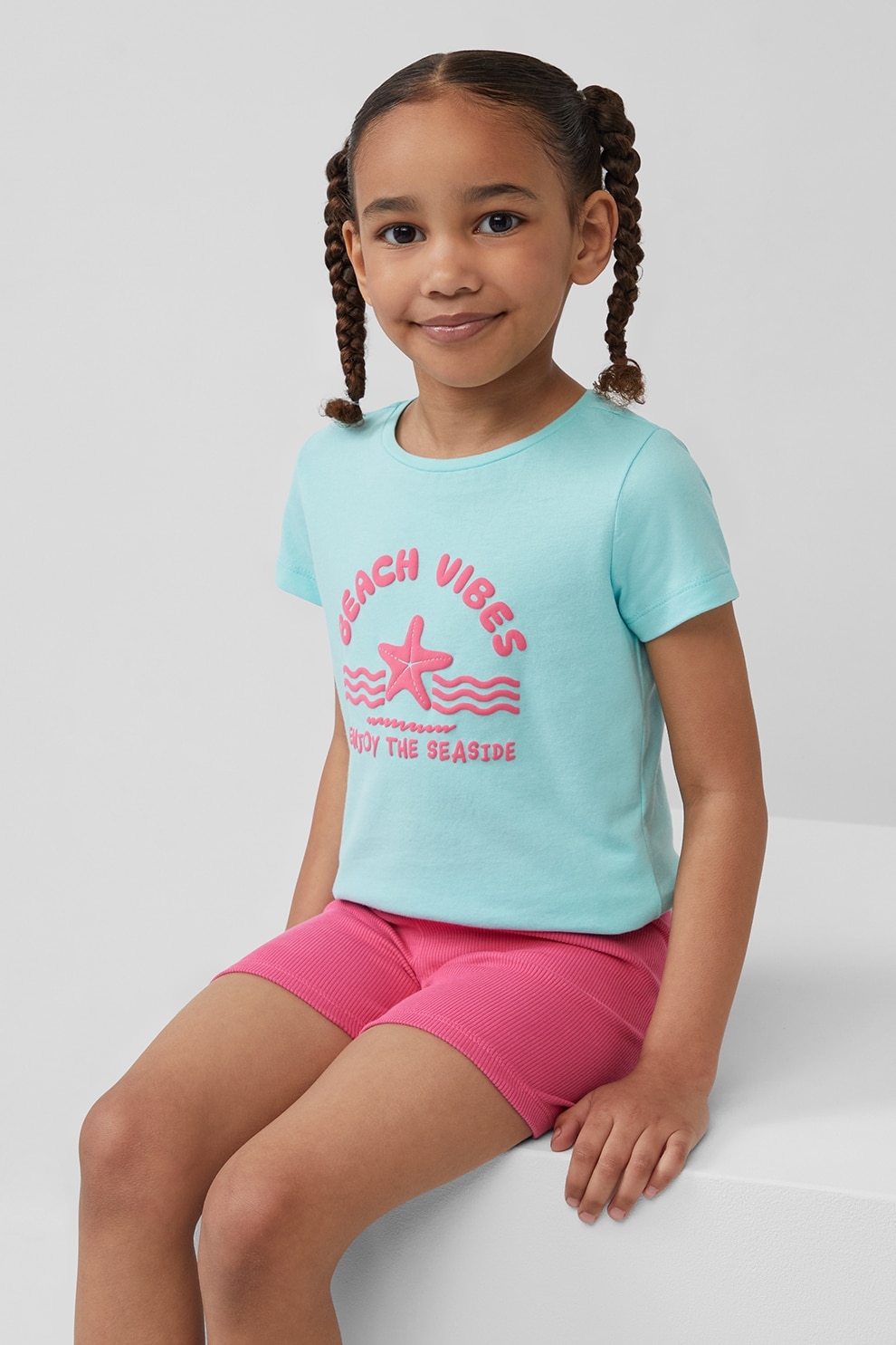 s.Oliver, Tricou din bumbac cu imprimeu si decolteu rotund, Fucsia, Albastru glaciar, 128-134 CM