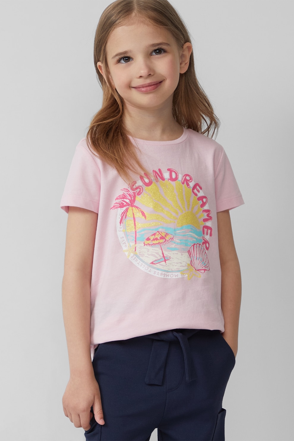 s.Oliver, Tricou cu decolteu la baza gatului, model grafic si imprimeu text, Roz pastel, Galben pal, Albastru glaciar, 128-134 CM