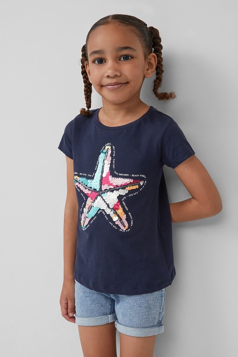 s.Oliver, Pamutpóló flitteres rátétekkel, Pasztellrózsaszín/Fehér/Tengerészkék