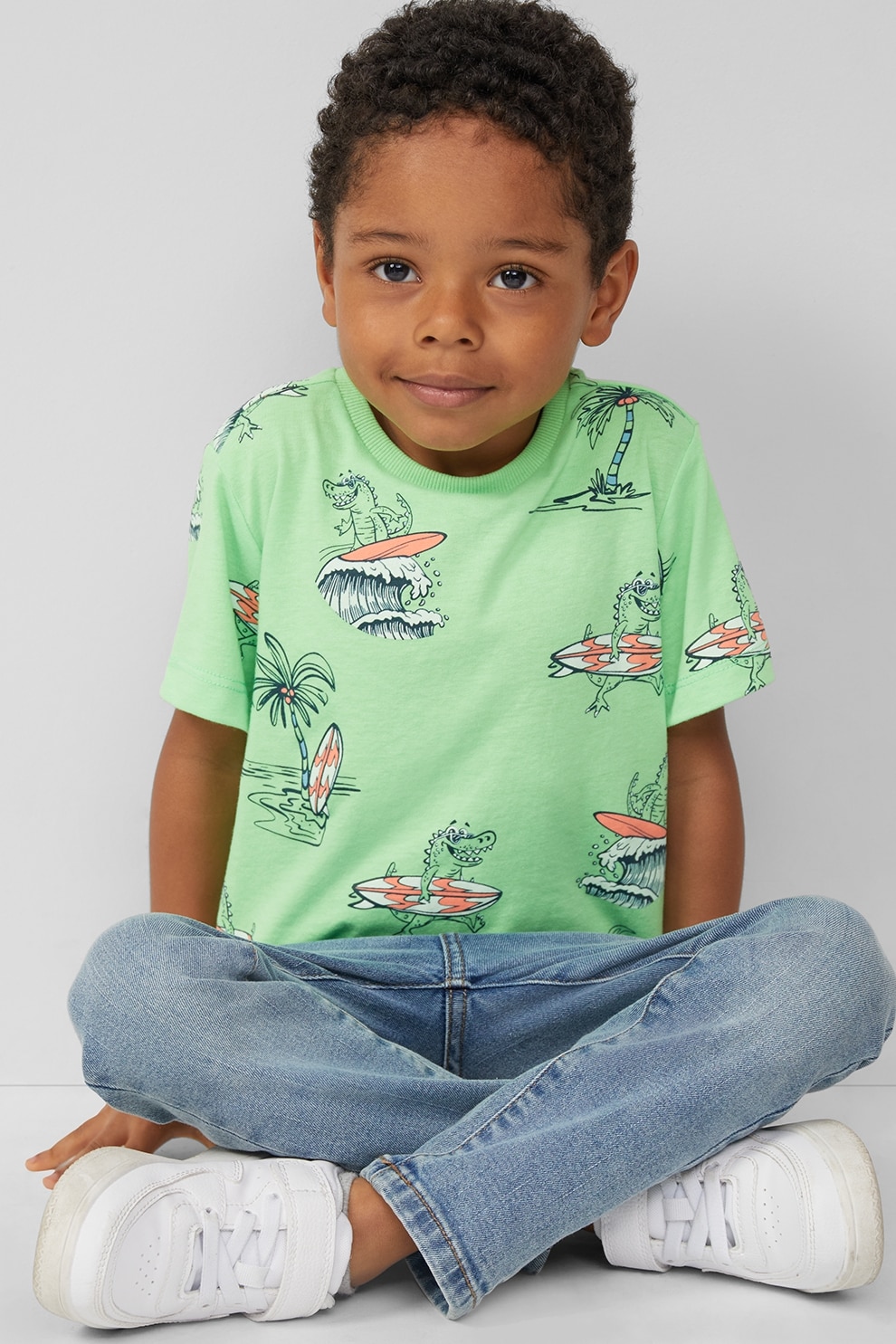 s.Oliver, Tricou cu decolteu la baza gatului si imprimeu, Portocaliu, Albastru inchis, Verde pal, 140 CM