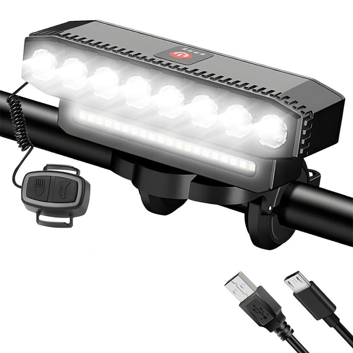 Lumina pentru ciclism de noaptei, AjieQaQ,8LED + 20SMD, cu claxon si functie de incarcare, 6 moduri de iluminare, IP44 rezistent la apa, incarcare USB, 4000mah, 5.43x1.57x2 inch, negru