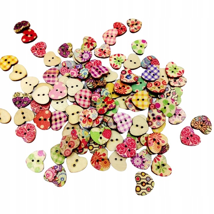 Set 100 nasturi din lemn cu inimioare, multicolor