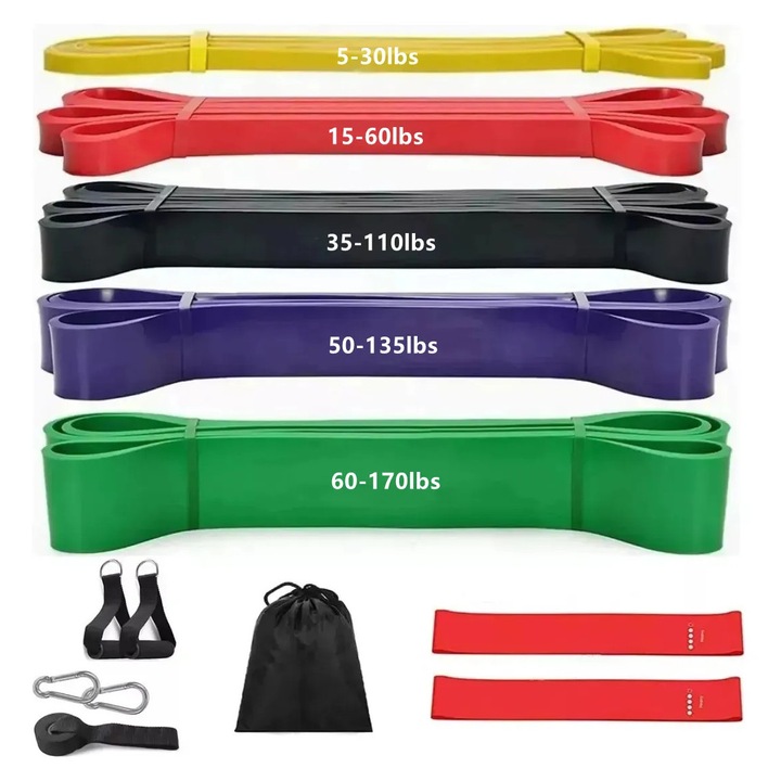 Комплект 5 дълги ластични ленти, съпротивителни ленти за фитнес, тренировка във фитнес зала, възстановителна гимнастика, 5 нива на трудност