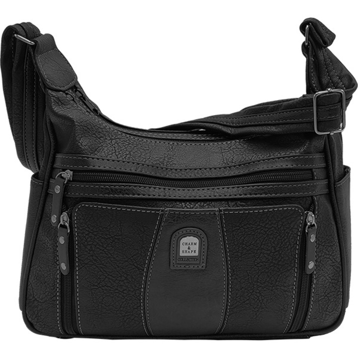 Geanta crossbody pentru femei cu 2 compartimente principale, piele ecologica, Negru