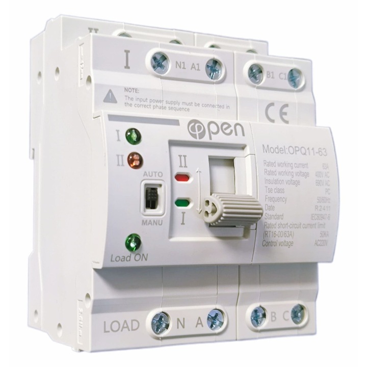 Comutator Automat Trifazat ATS 63A – 4P – Model NOU | Transfer Automat intre Doua Surse | Montaj pe Sina DIN | OPEN