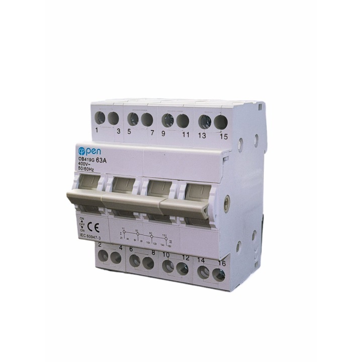 Háromfázisú kézi kapcsoló 63A – 4P – ÚJ Modell | Kézi átvitel két forrás között | Rögzítés DIN sínre | NYITOTT