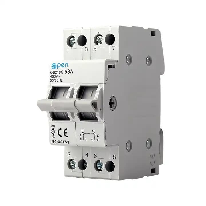 Egyfázisú kézi kapcsoló 63A – 2P – ÚJ modell, Kézi átvitel két forrás között, Rögzítés DIN sínre, NYITOTT