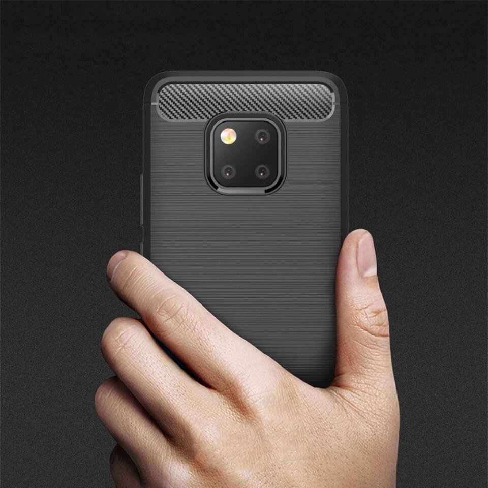 Husa pentru Huawei Mate 20 Pro, SKYDDAR INNOVATION, Carbon Silicone, din Silicon Slim, cu textura Fibra Carbon, set cu sticker, Negru