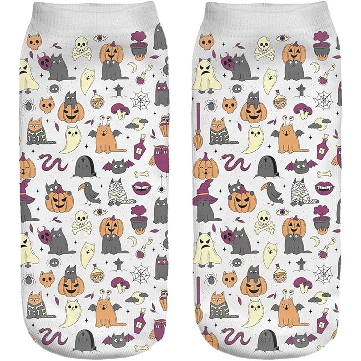 Rövid, mintás sportzokni, 36-40-es méret, Halloween macskák