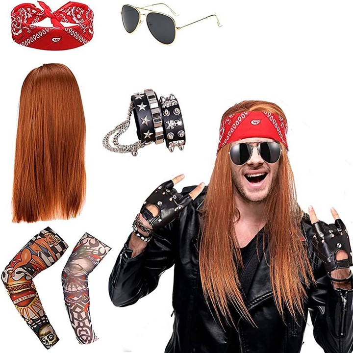Costum rocker anilor din ani 80 punk Peruca lunga maro petrecere Rockstar barbati cu si soare Bandana rosie Bentita Rockstar Halloween pentru adulti carnaval sau festival tematica cabina foto Imbracaminte Deghizare amuzanta