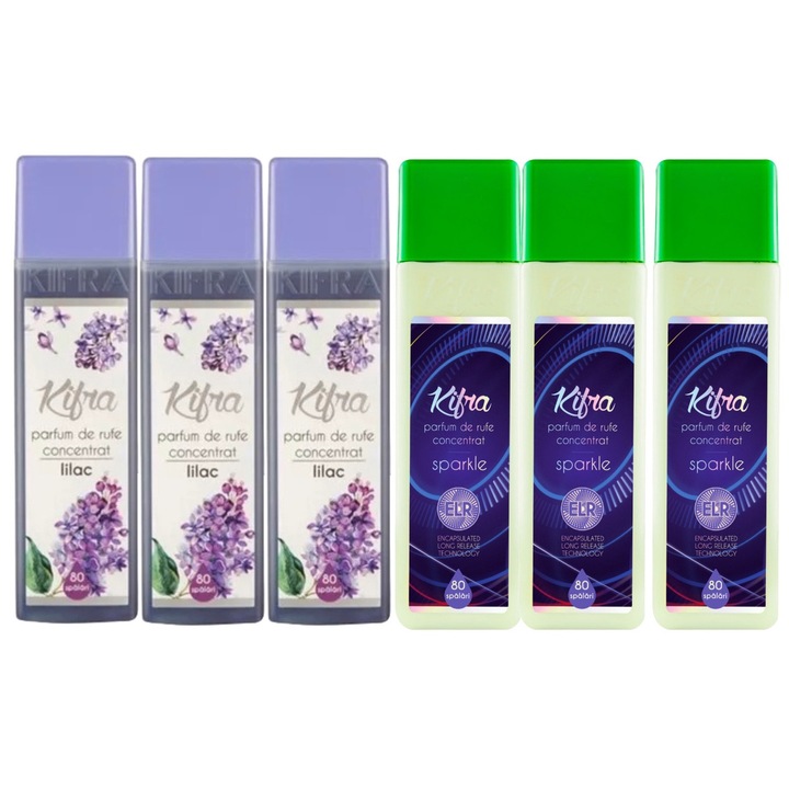 Kifra Mosóparfüm válogatás készlet, 6 db, 3 x Lilac 200 ml 80 mosás, 3 x Sparkle 200 ml 80 mosás, gyors és hatékony, bőrgyógyászatilag tesztelt, hosszan tartó frissesség, eltünteti a kellemetlen szagokat, mélytisztító hatású, kellemes illatú