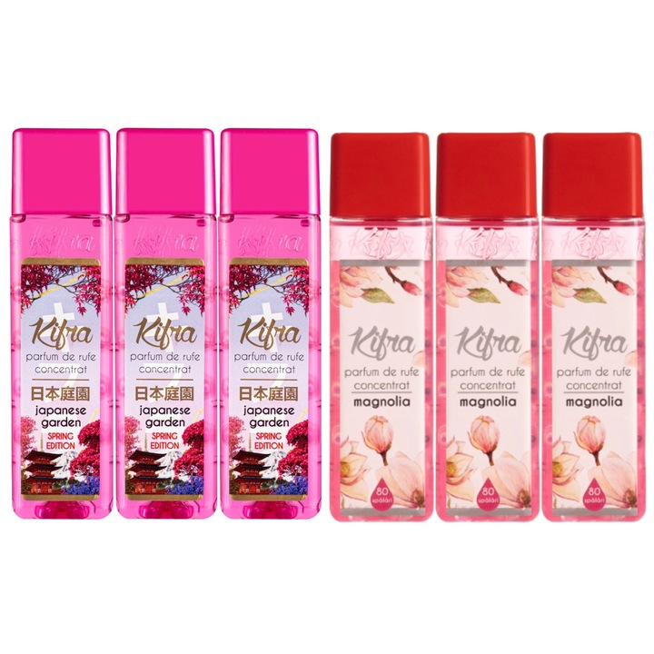 Kifra Mosóparfüm válogatás készlet, 6 db, 3 x Japanese Garden 200 ml 80 mosás, 3 x Pink 200 ml 80 mosás, gyors és hatékony, bőrgyógyászatilag tesztelt, hosszan tartó frissesség, eltünteti a kellemetlen szagokat, mélytisztító hatású, kellemes illatú