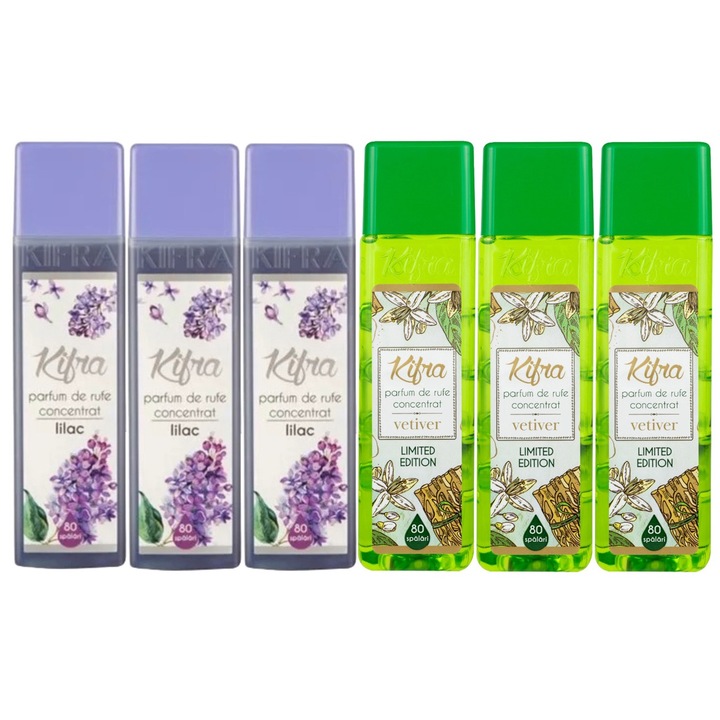 Kifra Mosóparfüm válogatás készlet, 6 db, 3 x Lilac 200 ml 80 mosás, 3 x Vetiver 200 ml 80 mosás, gyors és hatékony, bőrgyógyászatilag tesztelt, hosszan tartó frissesség, eltünteti a kellemetlen szagokat, mélytisztító hatású, kellemes illatú
