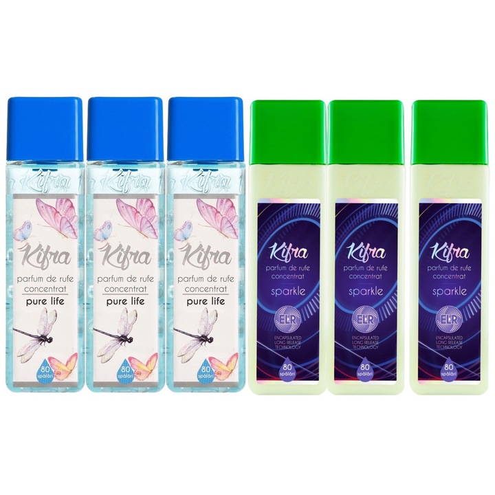 Kifra mosóparfüm válogatás készlet, 6 db, 3 x Pure Life 200ml 80 mosás, 3 x Sparkle 200ml 80 mosás, gyors és hatékony, bőrgyógyászatilag tesztelt, hosszan tartó frissesség, megszünteti a kellemetlen szagokat, kellemes illatú