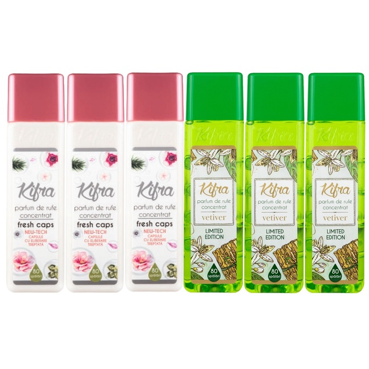 Kifra mosóparfüm válogatás készlet, 6 db, 3 x Fresh Caps 200ml 80 mosás, 3 x Vetiver 200ml 80 mosás, gyors és hatékony, bőrgyógyászatilag tesztelt, hosszan tartó frissesség, megszünteti a kellemetlen szagokat, kellemes illatú